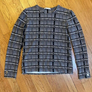 Zara Tunic Top Knit Long Sleeve Black White Plaid Crew Neck Stretch Womens Small